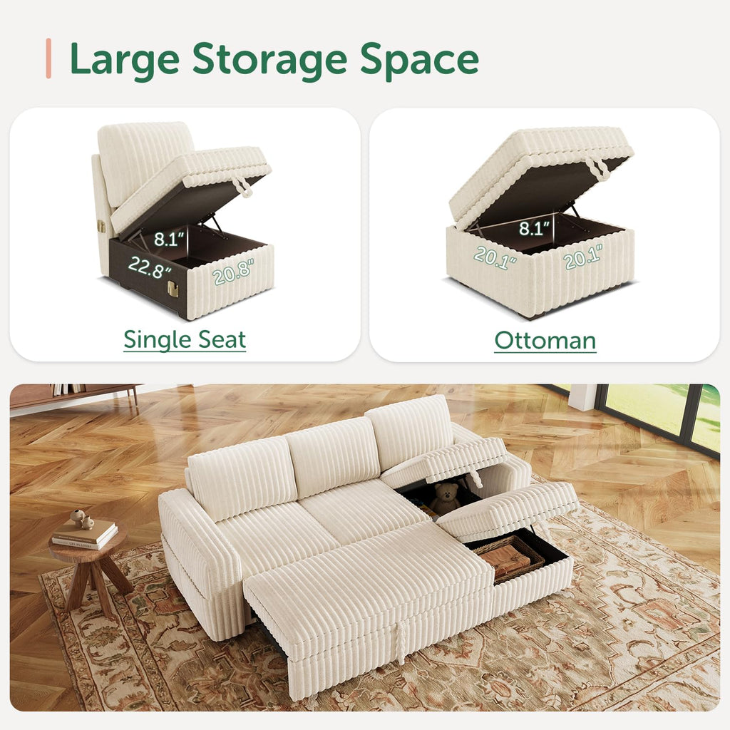 Corduroy Sectional Sleeper Sofa with Pull Out Bed & Storage, Beige