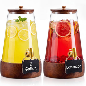 Sets 2 Gallon Glass Drink Dispenser for Parties Large Beverage Dispenser with Wooden Base Stand & Stainless Steel - Set of 2