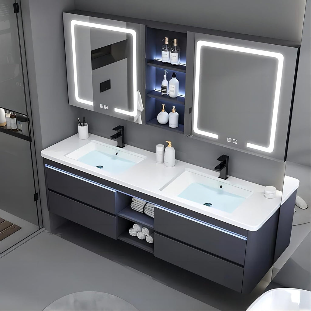 55IN Double Sink Vanity, 4 Drawers, Two LED Smart Touch Mirror Cabinets, Open Center Compartment, Body Sensor Lights