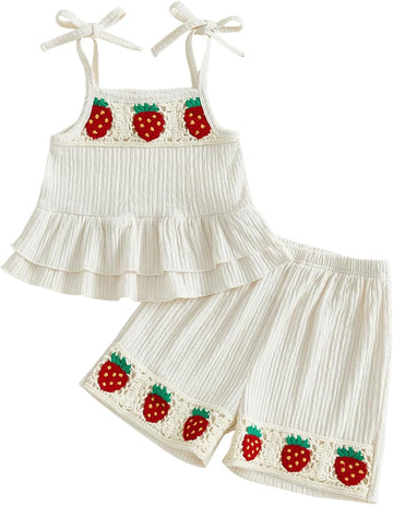 Toddler Baby Girl Summer Outfits Crochet Sleevless Ruffle Tank Top Dress and Bermuda Shorts Set Vintage Boho Clothes