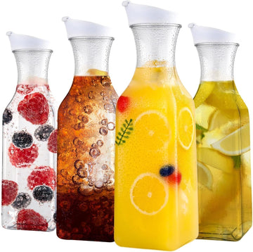 Set of 4 Plastic Carafe with Lid, 50 Oz Carafes for Mimosa Bar, Square Base Juice Containers, Water Bottle, Milk