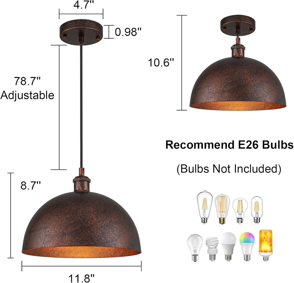 11.8" Industrial Metal Dome Pendant Light, Rust Industrial Pendant Lights for Kitchen Island, Dimmable Hanging Light