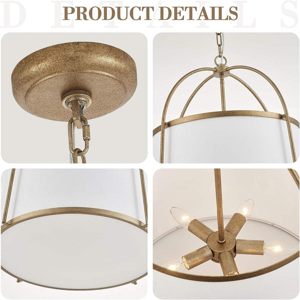 Rustic Modern Chandelier for Entryway, Dining Room Chandelier with Off-White Fabric Shade, Gold Pendant Light Fixture