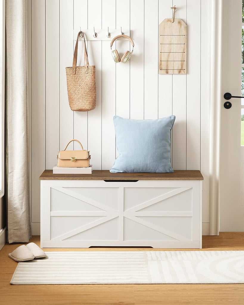 Storage Chest, 43.3" Toy Chest Storage, Farmhouse Storage Bench with Safety Hinge, Storage Trunk, Walnut and White