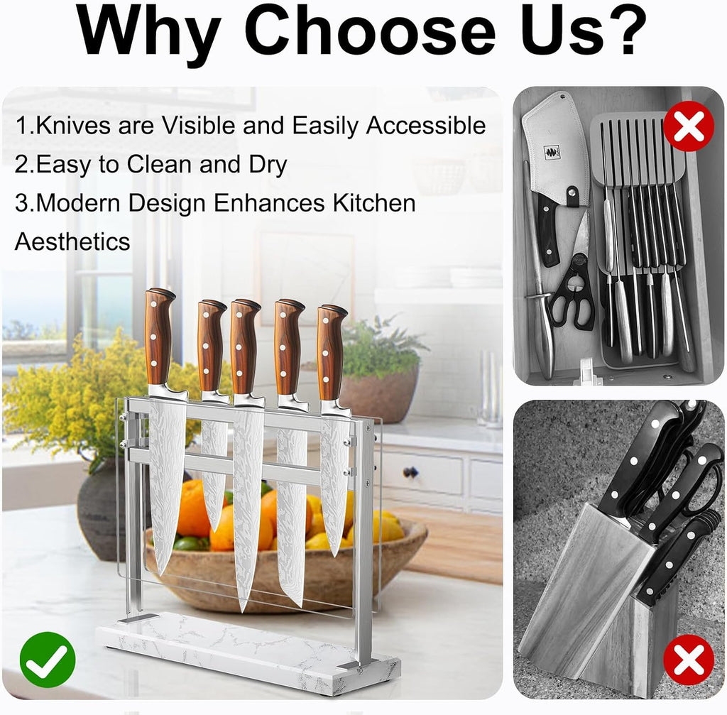 Acrylic Shield Magnetic Knife Block Holder - Marble Base Magnetic Knife Stand for Counter Top -Double Sided Magnetic
