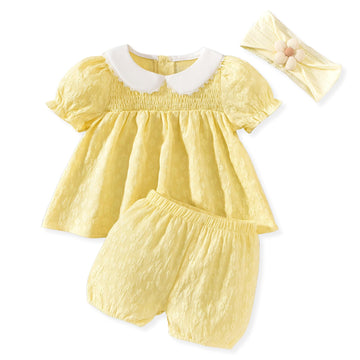 Baby Girl Summer Outfits Smocked Tops Shorts Set Infant Puff Sleeves Shirt Bloomer Shorts Clothes Yellow