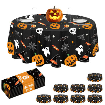 8 Pack Halloween Plastic Tablecloth 84" Disposable Table Cloths for 6 to 8 Foot Tables Round Table Cover for Parties
