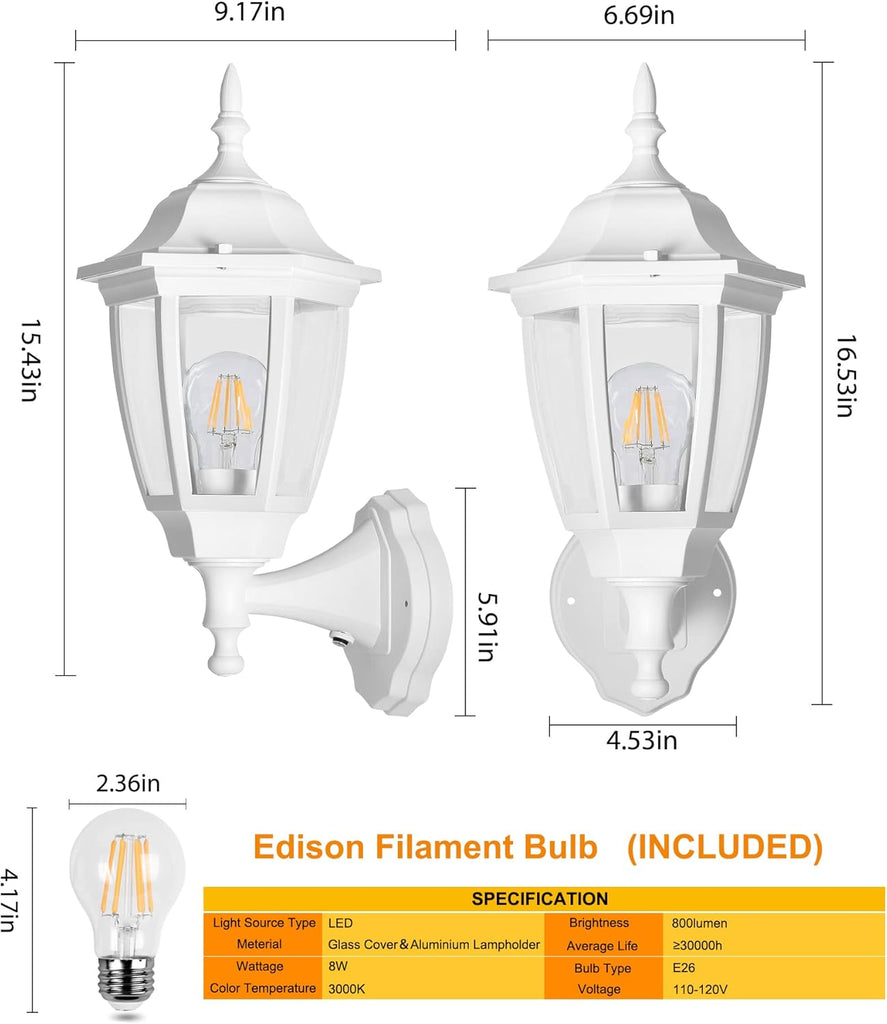Outdoor Wall Light Dusk to Dawn, Porch Sensor Light White Plastic Anti-Corrosion with LED Edison Filament Bulb