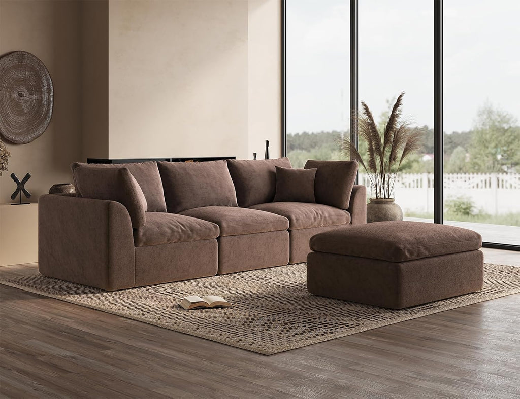110" Cloud Sectional Couches , Boneless L-Shape Couch with Ottoman, 3 Seater Modular Sectional Sofa, Brown