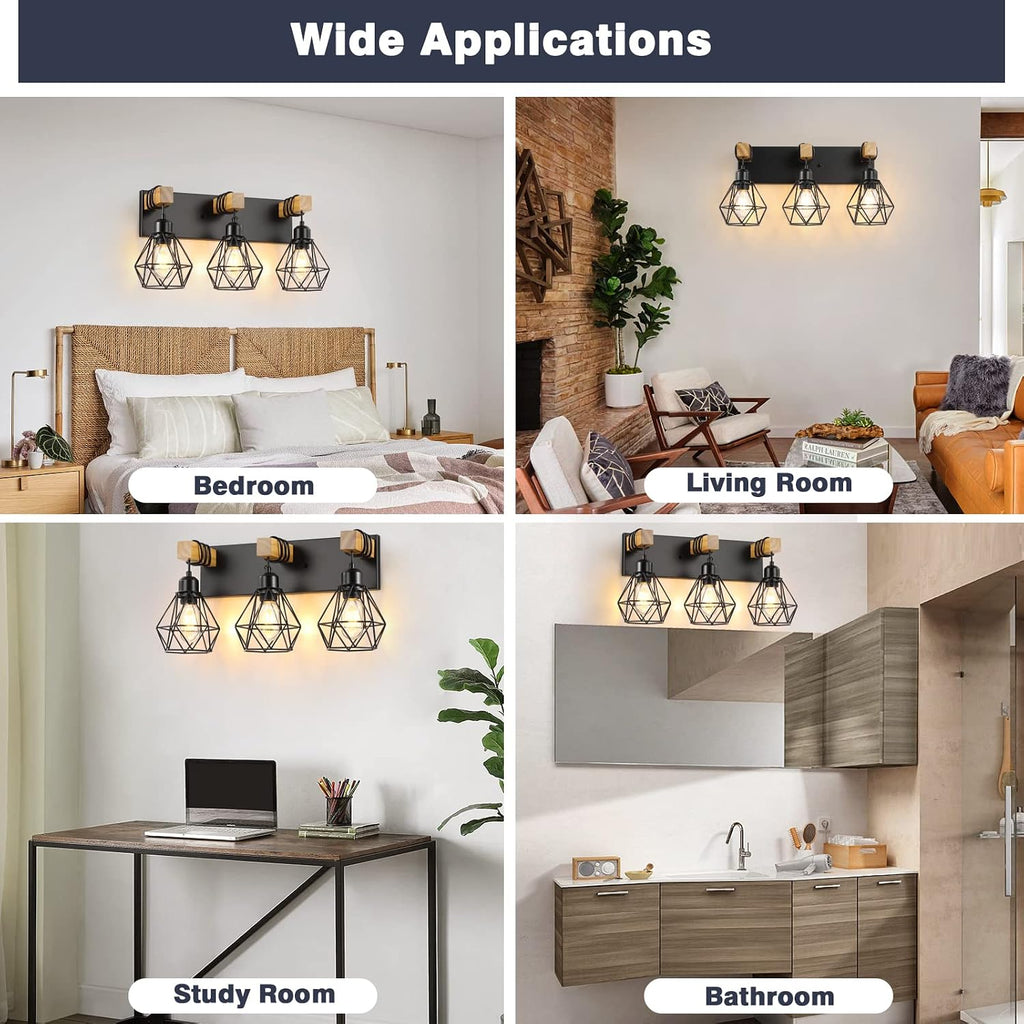 3 Light Bathroom Vanity Light, Farmhouse Black Fixture Over Mirror | Farmhouse Bathroom Light Fixtures, Wood & Metal