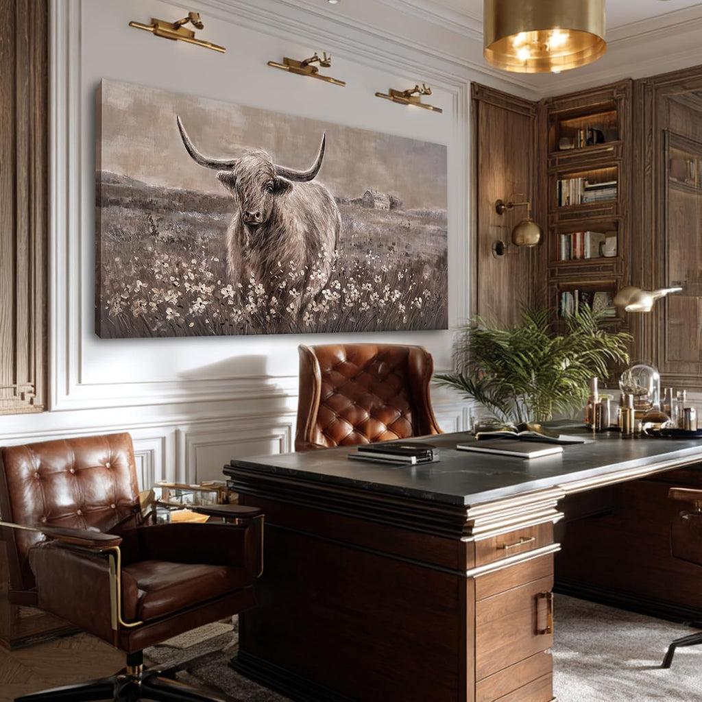 Beige and Brown Highland Cow Canvas Wall Art - 24x48 Inch Framed Large Painting for Rustic Farmhouse Living Room