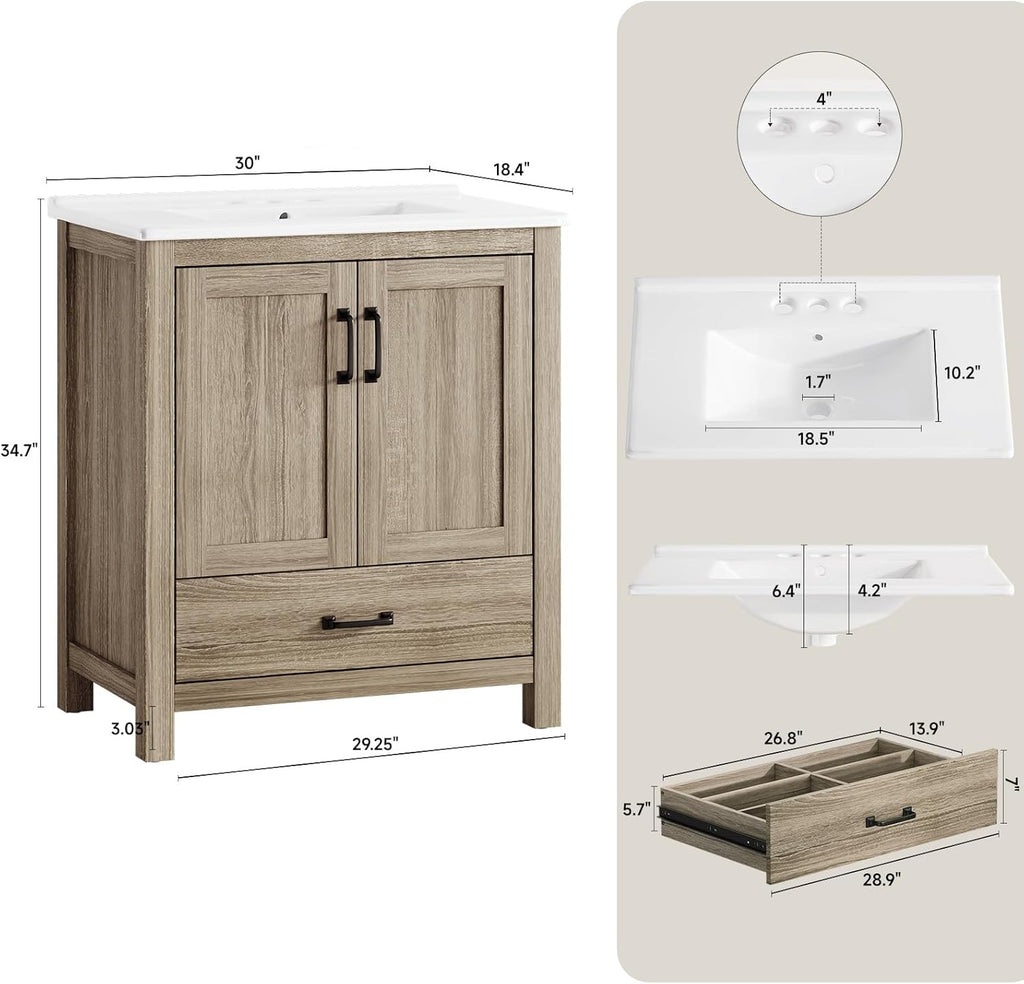 30'' Bathroom Vanity with Single Sink Combo, Freestanding Bathroom Vanities with Ceramic Sink & Door Shelf, Farmhouse Storage Cabinet with 2 Soft Closing Door & Drawer
