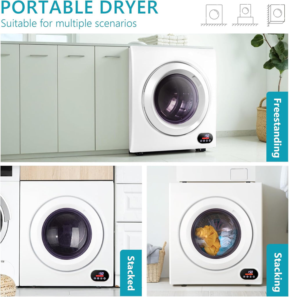 Compact Laundry Dryer, 3.5 cu ft Front Load Stainless Steel Clothes Dryers With Exhaust Pipe, 1500W, LCD Control Panel