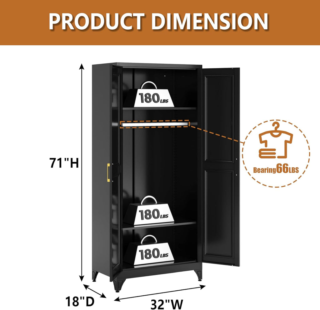71" Metal Armoire Wardrobe Closet with Doors and Adjustable Shelves | Freestanding Tall Clothing Storage Cabinet