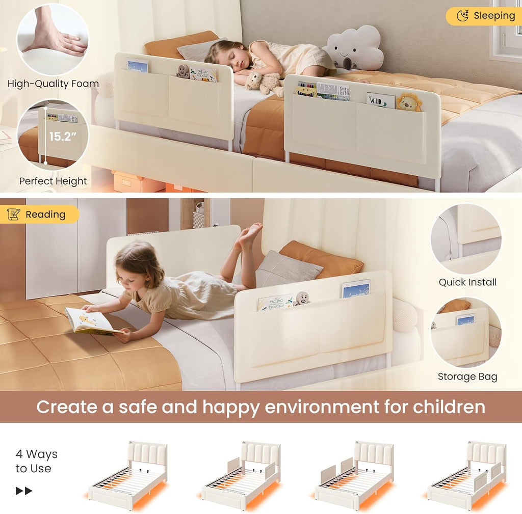 Twin Size LED Bed Frame with Storage Drawer and Safety Guardrails, Velvet Upholstered Platform Bed for Kids with Chic