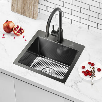 17 x 15 Inch Drop Sink Top mount Bar Sink 16 Gauge Stainless Steel Single Bowl Workstation with Sink Protector (Black)