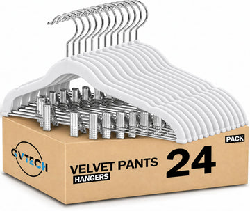 Velvet Hangers with Clips, [24 Pack] Metal Clip Hangers for Pants - Notched Skirt Hangers for Pants, Skirts, Suit