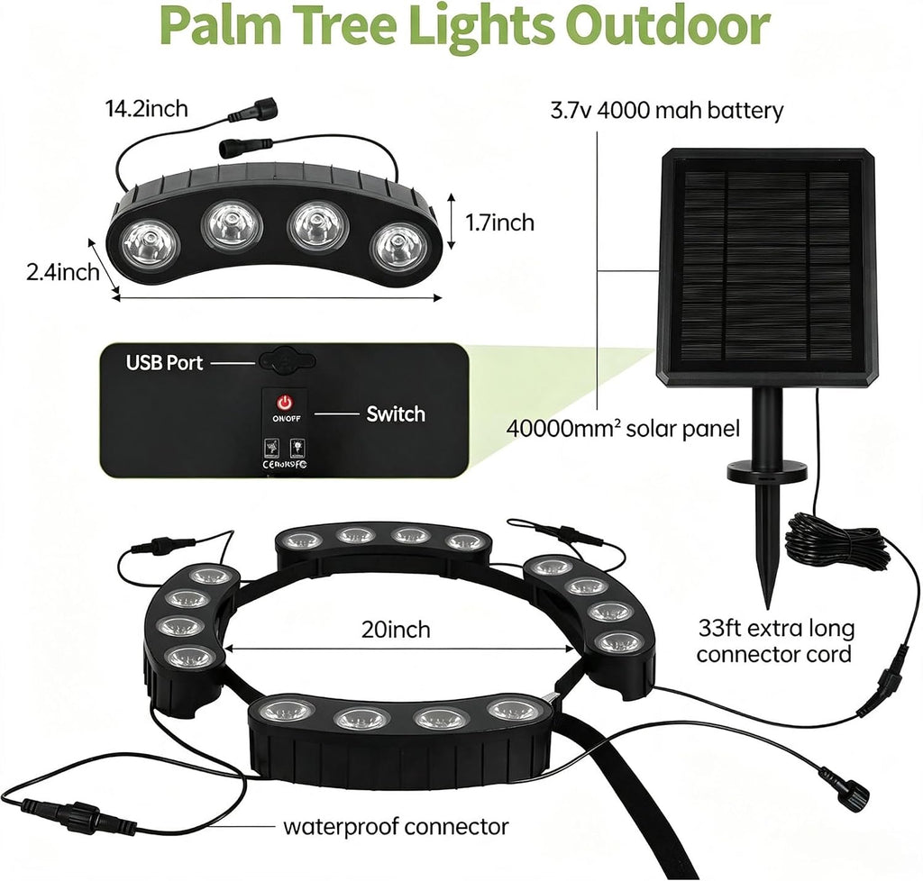 Solar Tree Lights, Upgraded Solar Spot Lights Outdoor, Warm White | 8.3*7.2in Large Solar Panel with USB Port, 16 COB