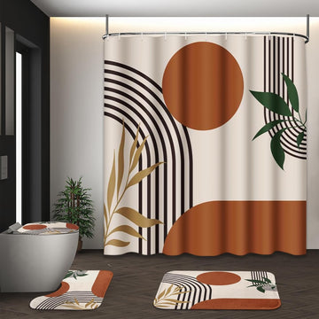 Boho Mid Century Shower Curtain Set with Toilet Lid Cover and Non-Slip Rugs, Abstract Geometric 4 Pcs Modern