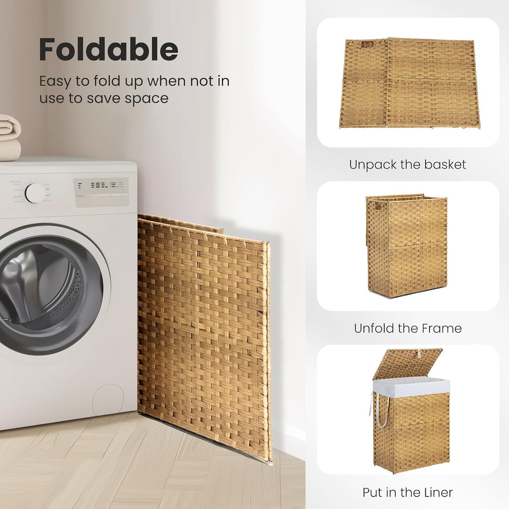 Woven Laundry Basket with Lid, 90L Large Capacity Hamper, Removable & Machine-Washable Liner, Foldable Rattan Clothes