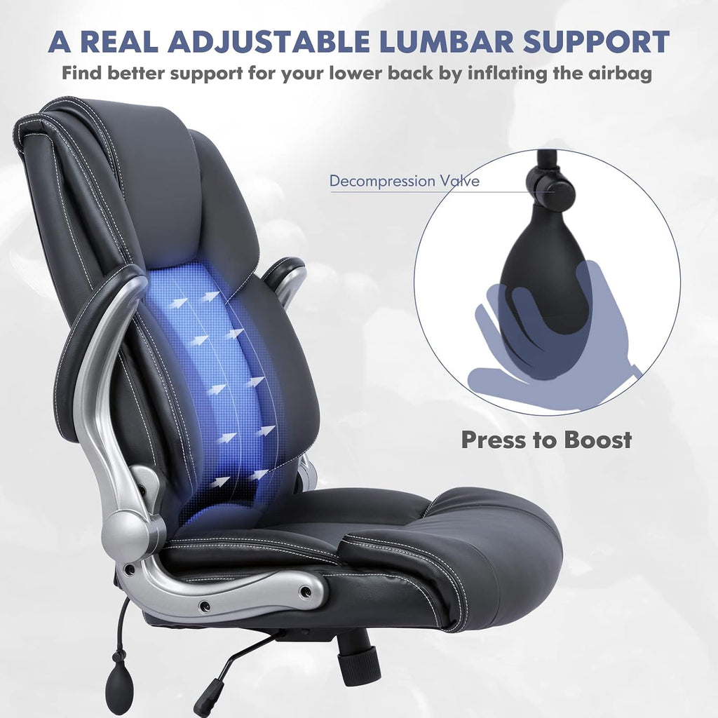 High Back Executive - Padded Leather Ergonomic Computer Desk Chair with Inflatable Lumbar Support & Flip-Up Arms