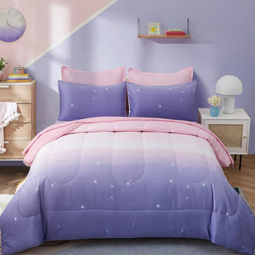 Girls Comforter Set / Colorful Ombre Pink Rainbow Bedding Set Bed in A Bag for Kid Teen Girls 7 PC
