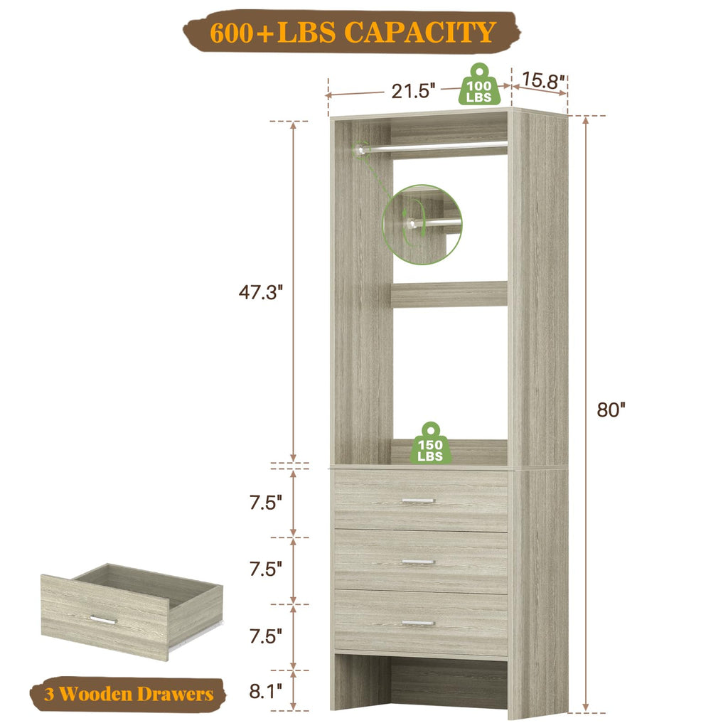 1.8FT Closet System with Drawers, 21.5'' Closet Organizer