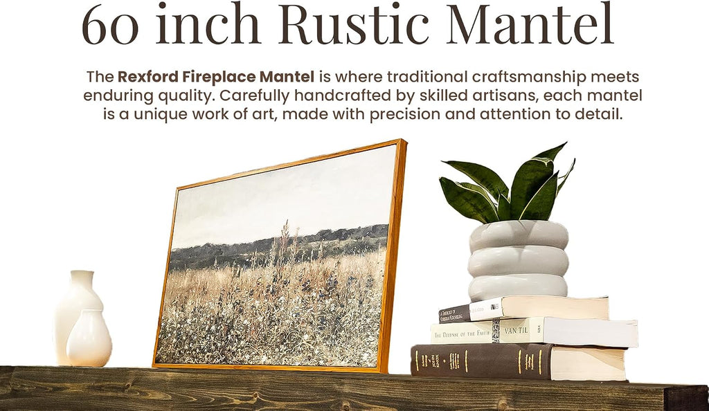 USA Made Real Wood - Handcrafted Farmhouse Wall Mounted for Over Fireplace Floating Shelf Mantle (Rustic, 60X8X5 Inch