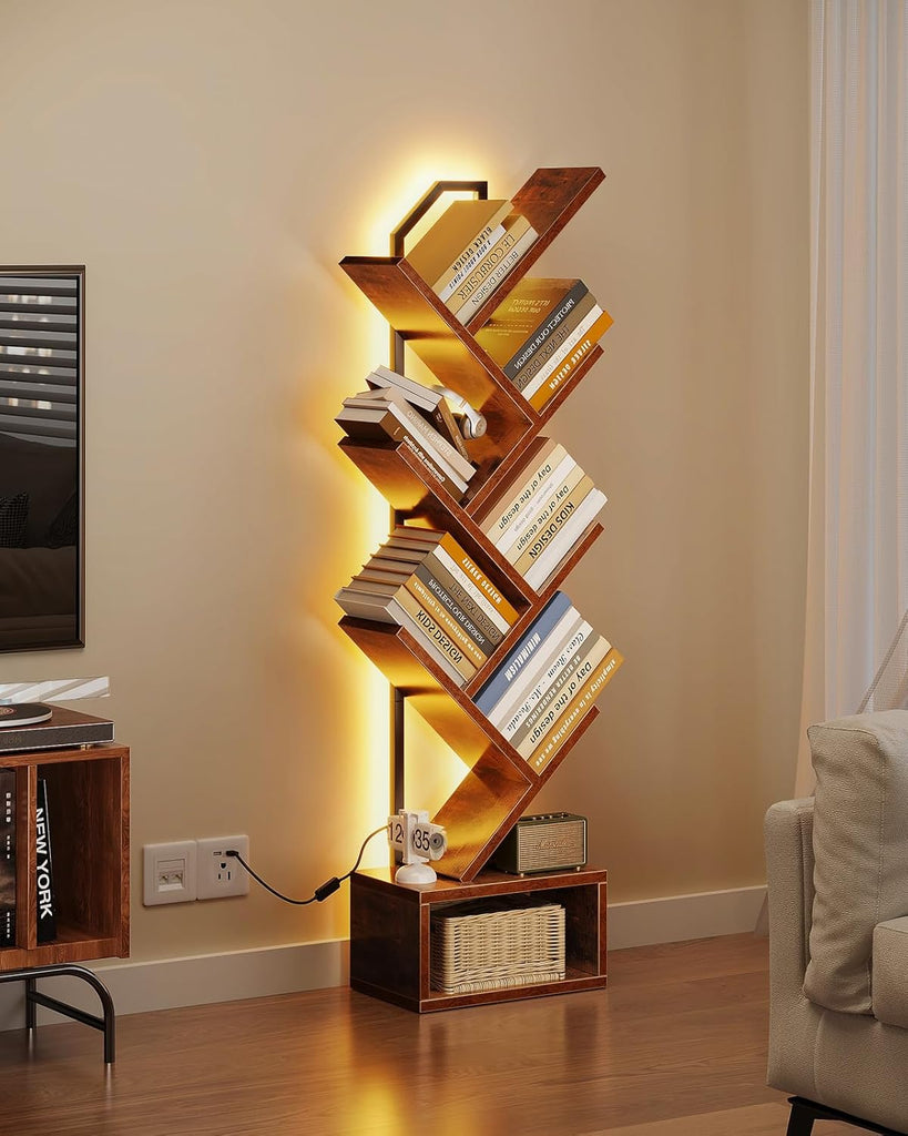 Tree Bookshelf with LED Lights, 6-Tier Narrow Bookcase for Small Spaces, Tall Steel & Wood Storage Shelf with Cabinet
