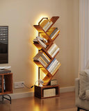 Tree Bookshelf with LED Lights, 6-Tier Narrow Bookcase for Small Spaces, Tall Steel & Wood Storage Shelf with Cabinet