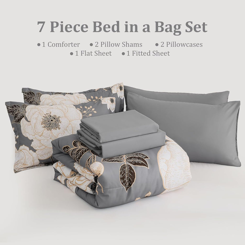 Floral Comforter Set 7 Pieces Bed in a Bag, White Flower Print on Grey Bedding Set