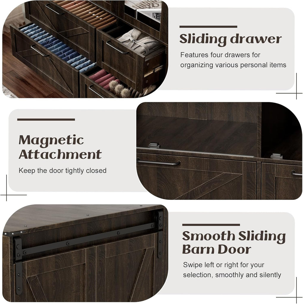 Armoire Wardrobe Closet with w/Folding Sliding Barn Door | Bedroom Armoires with Mirror and LED Lights, Hanging Rod