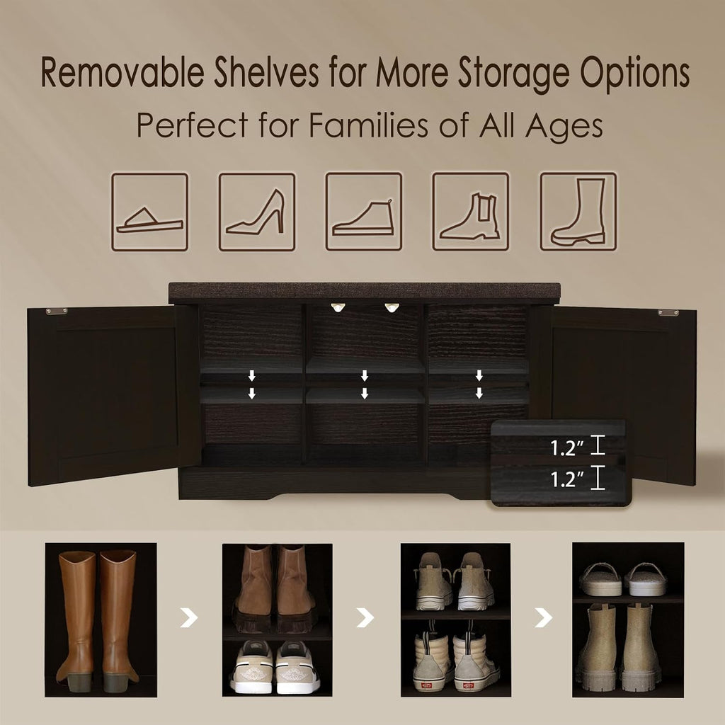 Shoe Storage Bench with Cushion, Entryway Bench with Seat & Doors | 2-Tier Shoe Cabinet Bench Fits 6 Pairs
