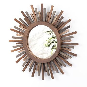 18 Inch Boho Sunburst Mirror, Decorative Rustic Farmhouse Wall Decor - Tricolor Wood Frame