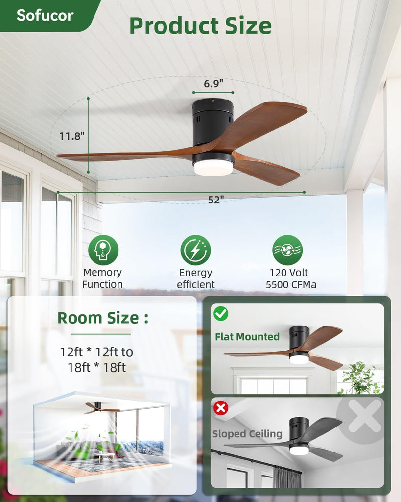 Ceiling Fans with Lights 52 Inch Flush Mount Ceiling Fan with Remote Control