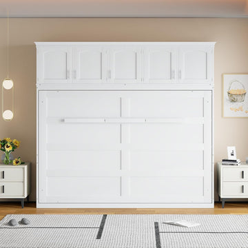 Queen Horizontal Murphy Bed with Storage Cabinet,Wood Folding White Murphy Wall Bed for Adult