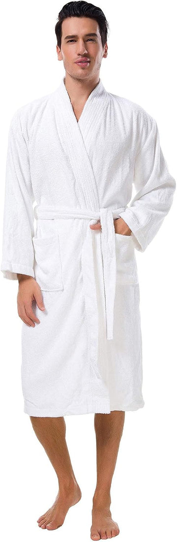 Men's Terry Cotton Robe, Absorbent Kimono Towel Bathrobe for Spa and Hotel, Soft Shower Calf Length Cloth with Pockets