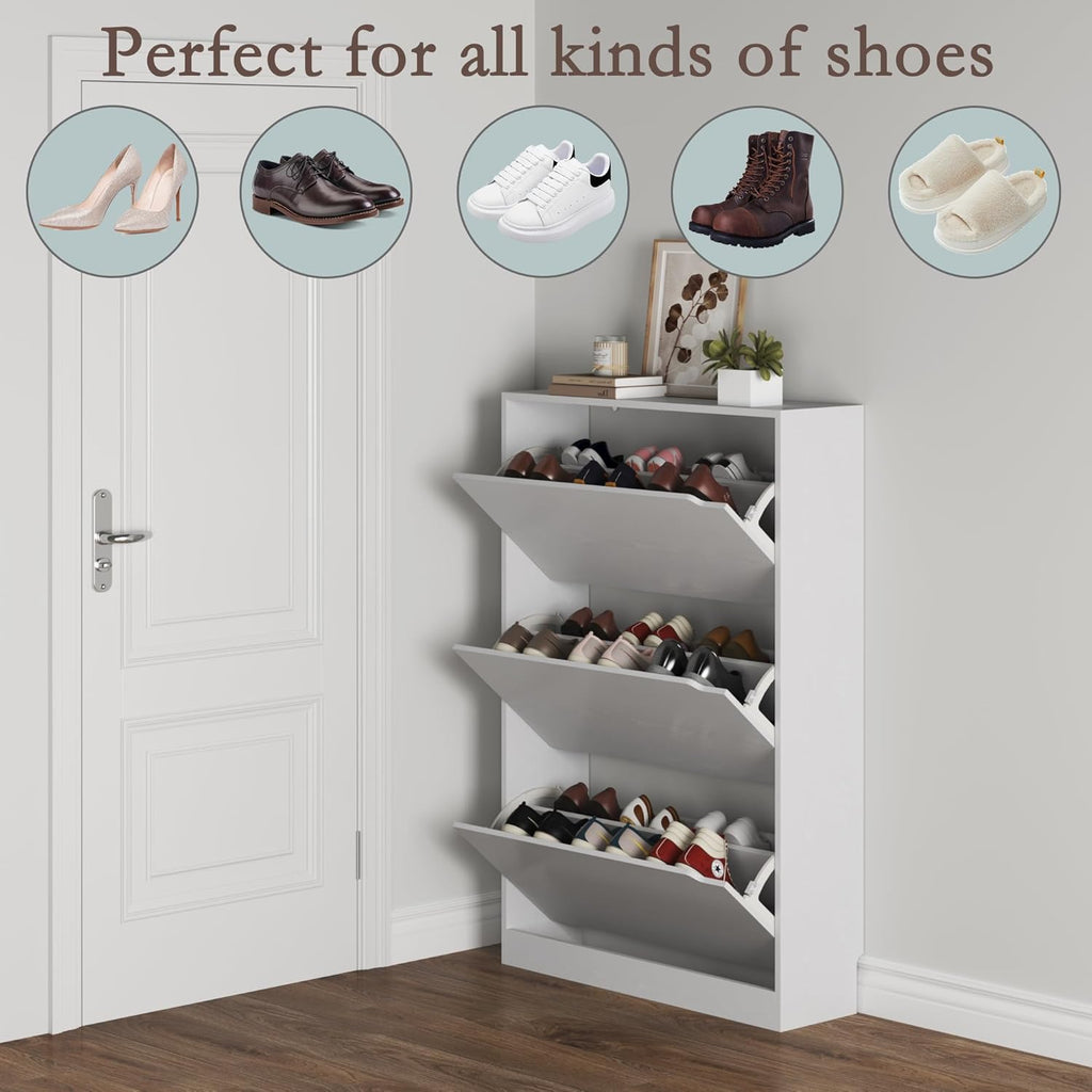 Shoe Cabinet with 3 Flip Drawers, Hidden Wood Shoe Cabinet,Freestanding Shoe Storage Cabinet Hallway.White. 47.2"