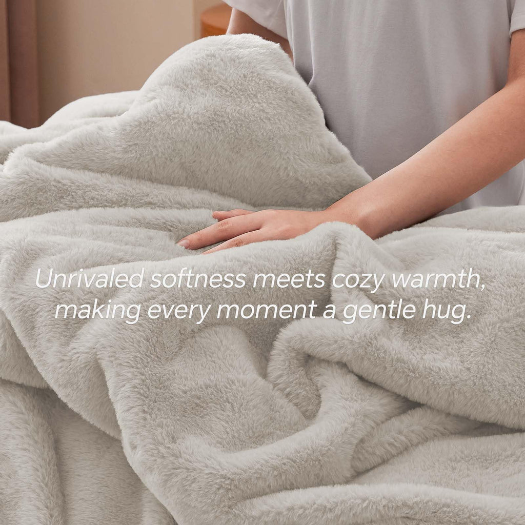 Faux Fur Comforter Set Linen, Warm Bedding with 2 Pilowcases