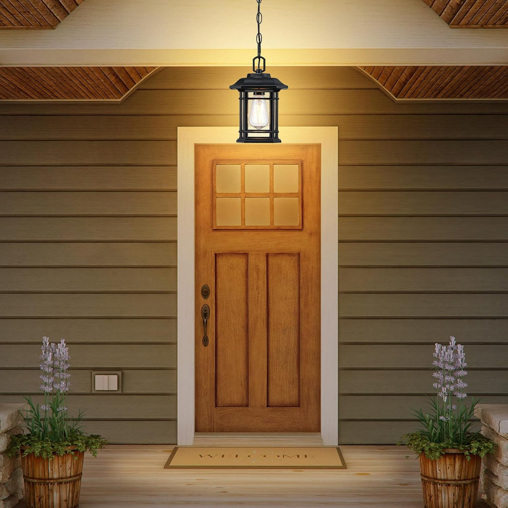 Outdoor Pendant Lights for Porch, Black Exterior Hanging Lanterns, Farmhouse Ceiling Light Fixture