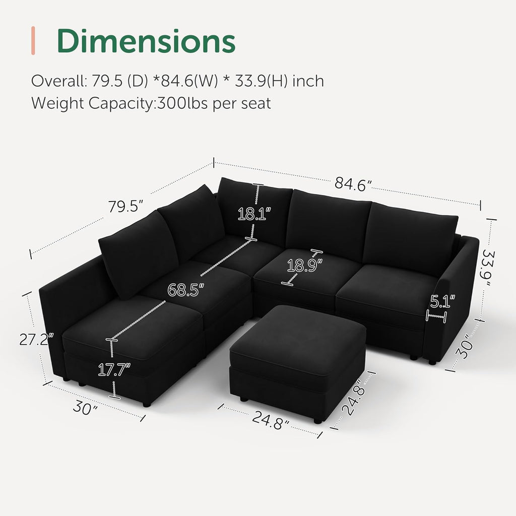 Modular Sectional Couch L Shaped Sectional Sofa with Storage Velvet Convertible Sectional Couches ,Black