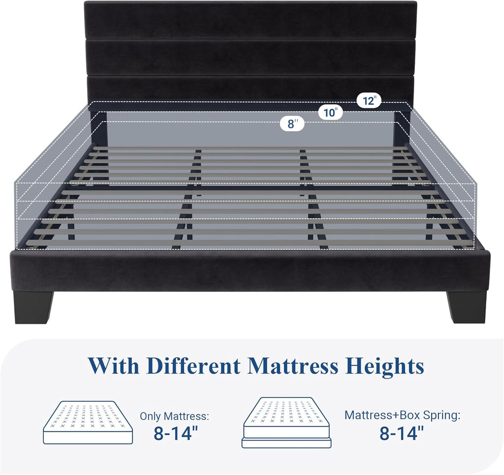 King Platform Bed Frame with Velvet Upholstered Headboard and Wooden Slats Support