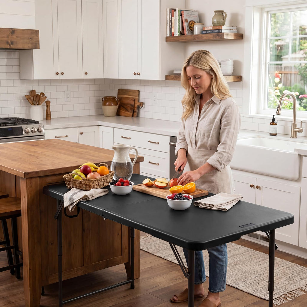 Folding Table 4 Foot, Adjustable Height Plastic Fold-in-Half Table, Black