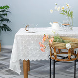 Beige Floral Embroidered Lace Tablecloth, Elegant Scalloped Edge Design, Vintage Farmhouse Style, Pi