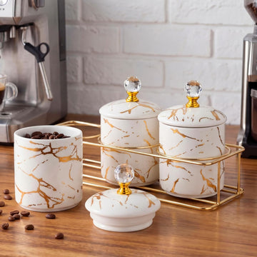 Ceramic Coffee Canister Set with Lids and Metal Stand, Securely Packed in Foam Mold, Marble Sugar Coffee Tea - Set of 3