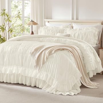 Ivory Ruffle Comforter Set, Ruched Farmhouse Bedding 3 Pieces