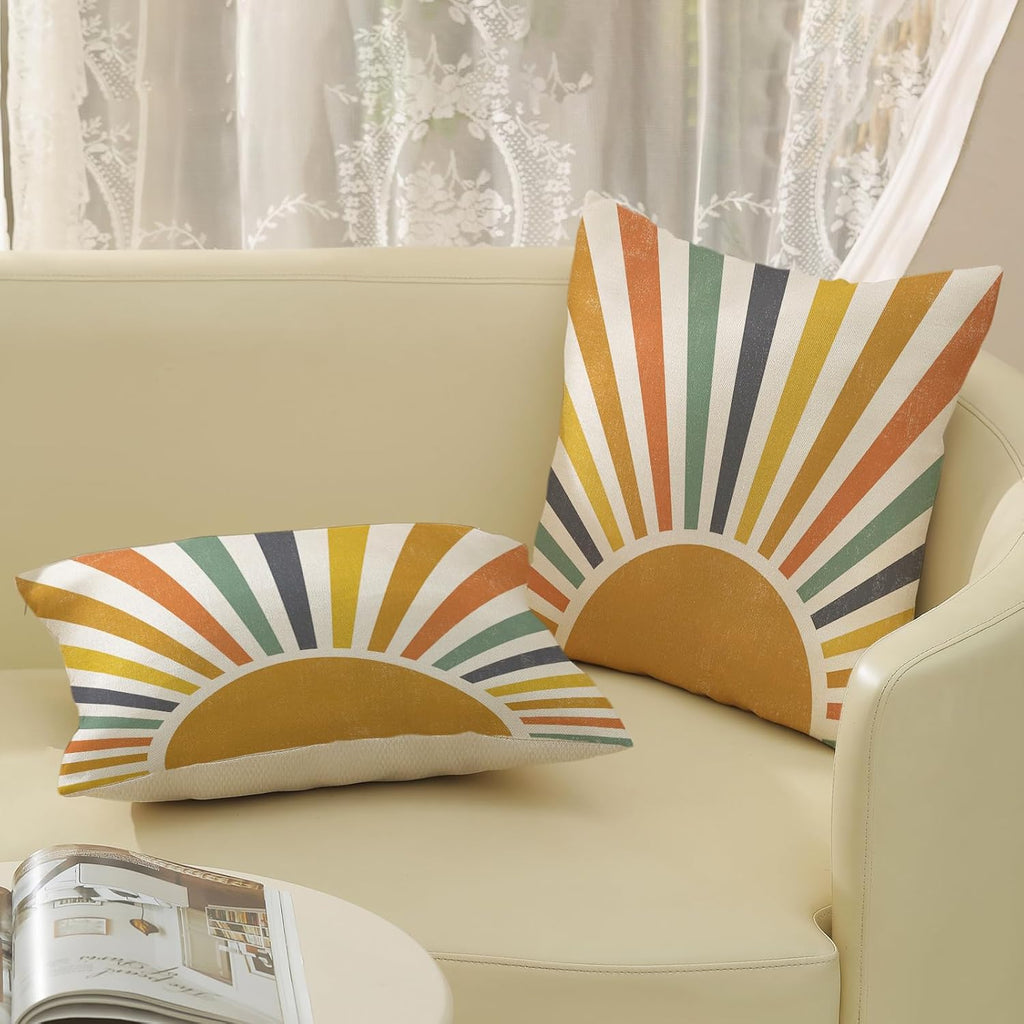Summer Pillow Covers 18x18 Inch Set of 2, Stripes Yellow Sunshine Decorations Outdoor Throw Pillows Boho Summer