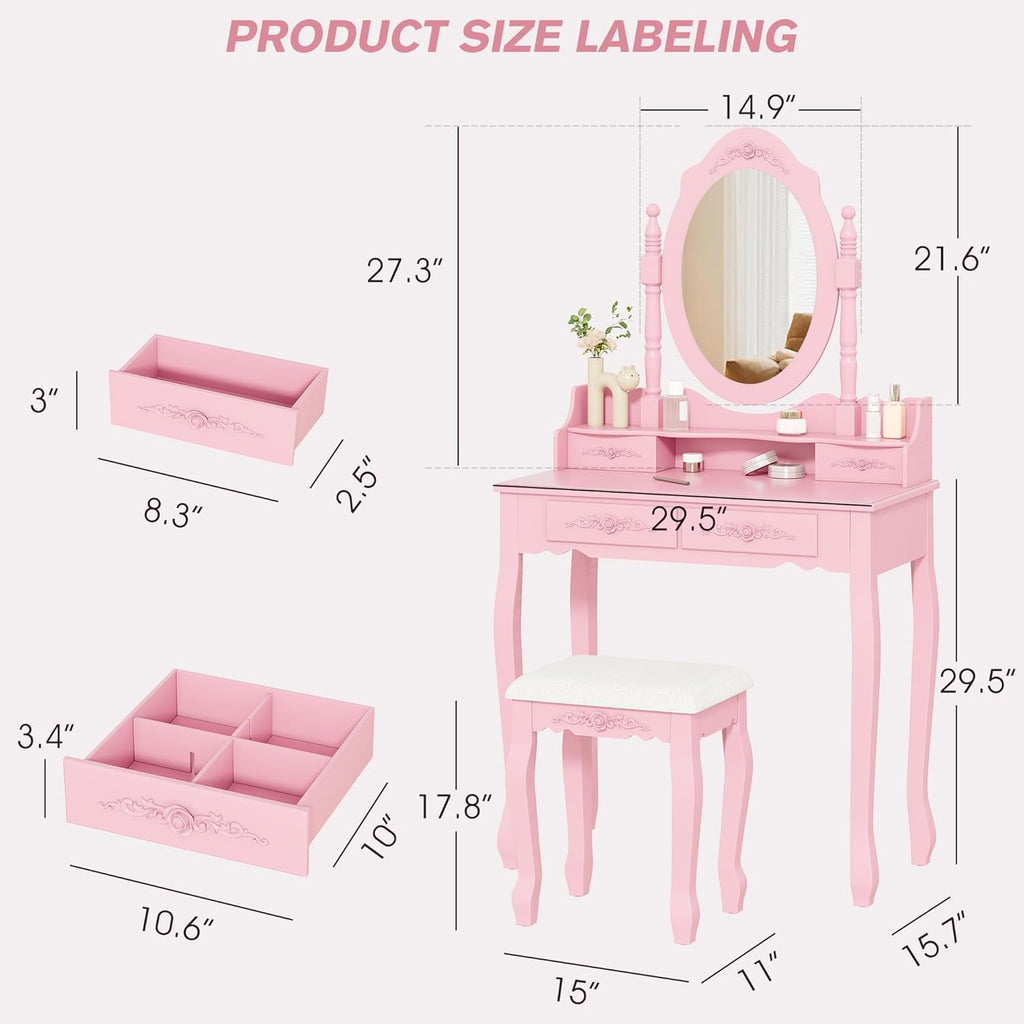 Vanity Desk Set with Mirror & Stool for Girls, Pink | Makeup Vanity Table and Cushioned Stool Set with 4 Drawers