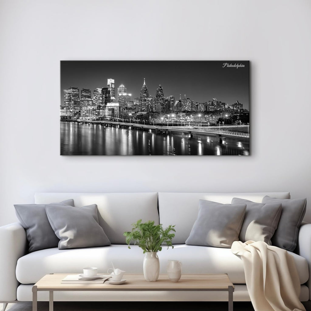 Philadelphia Skyline Canvas Wall Art Black and White Pennsylvania Cityscape Pictures Philly City Night View Prints