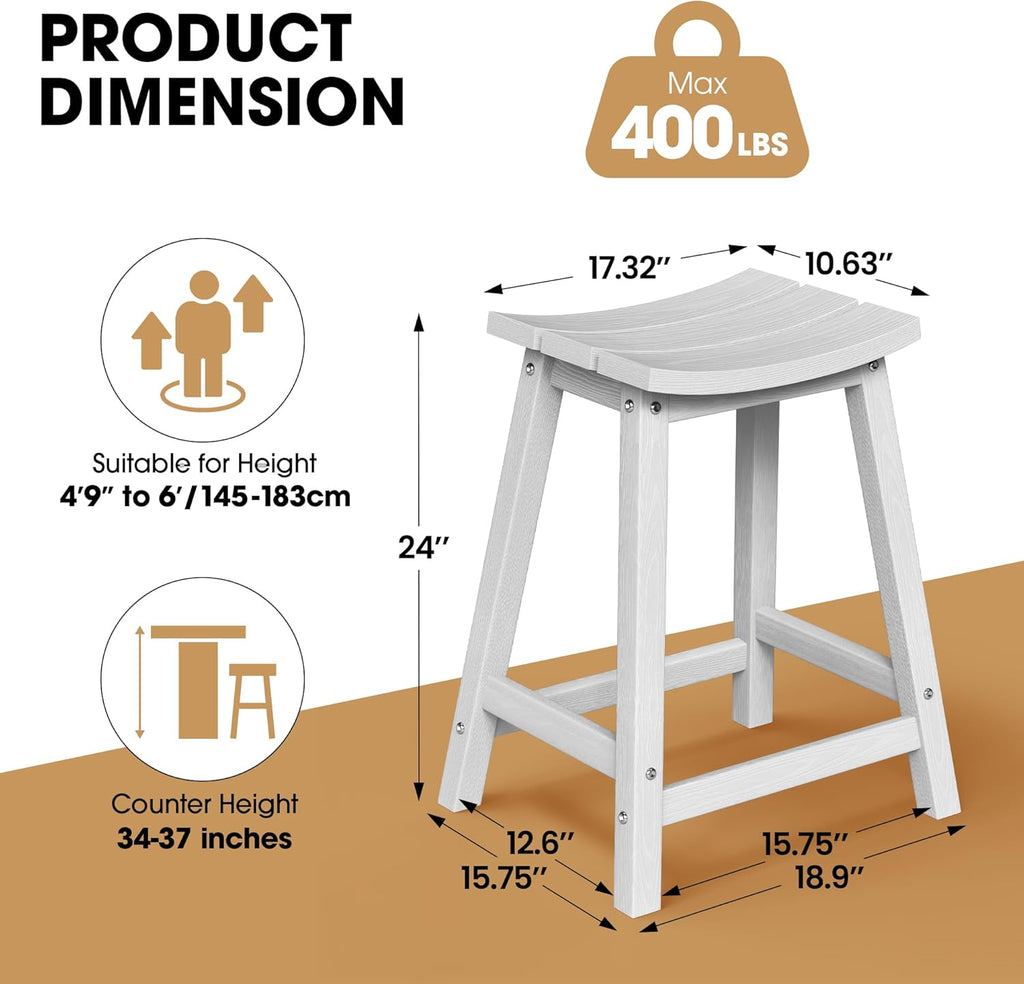 2 Set 24" Outdoor Bar Stools Heavy Duty HDPE Counter Height Bar Stools Weatherproof Patio Seats Modern Waterproof